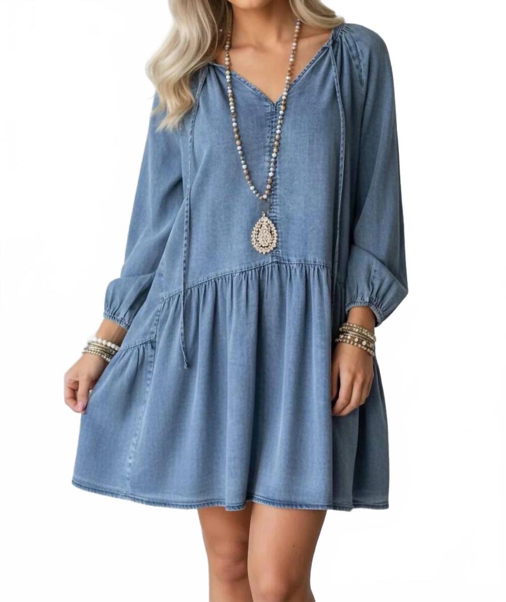 NEW PRETTY BASH women's denim puff sleeve tie v-neck ruffle dress in myosotis